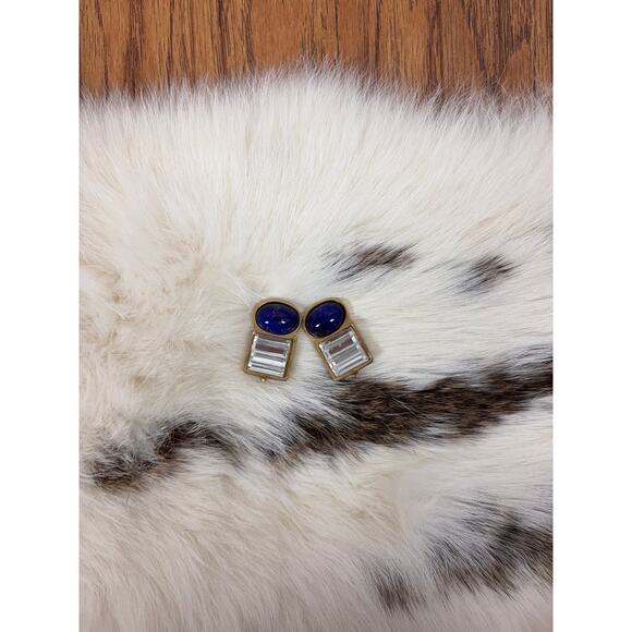 B48 Carolee Clip On Earrings Vintage Gold Tone Faux Lapis Cabochon Statement - Picture 2 of 7